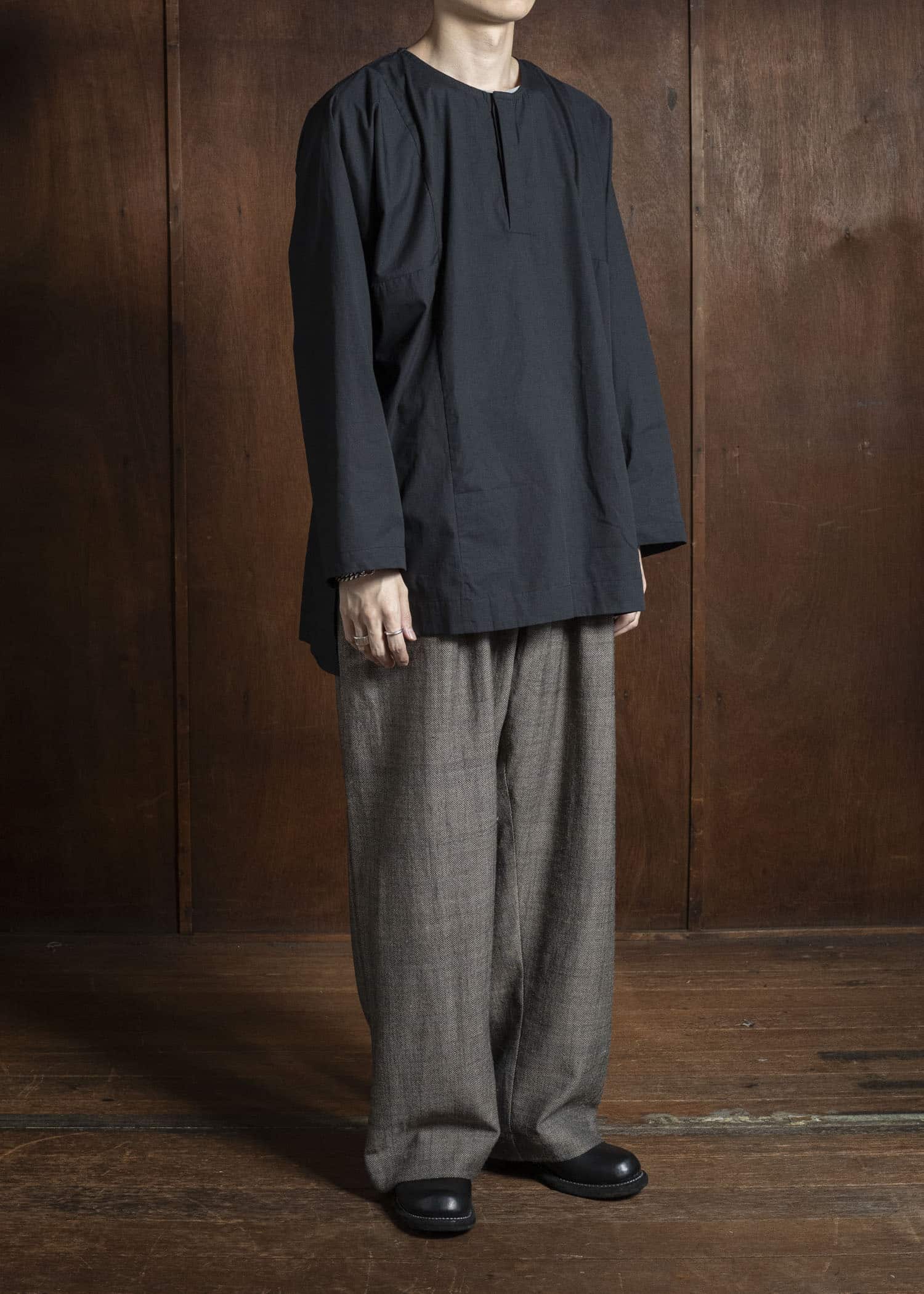 Gathering Textiles Fisherman Shirt Organic Cotton Poplin , Naturally Dyed Black FIS01-CP-BK