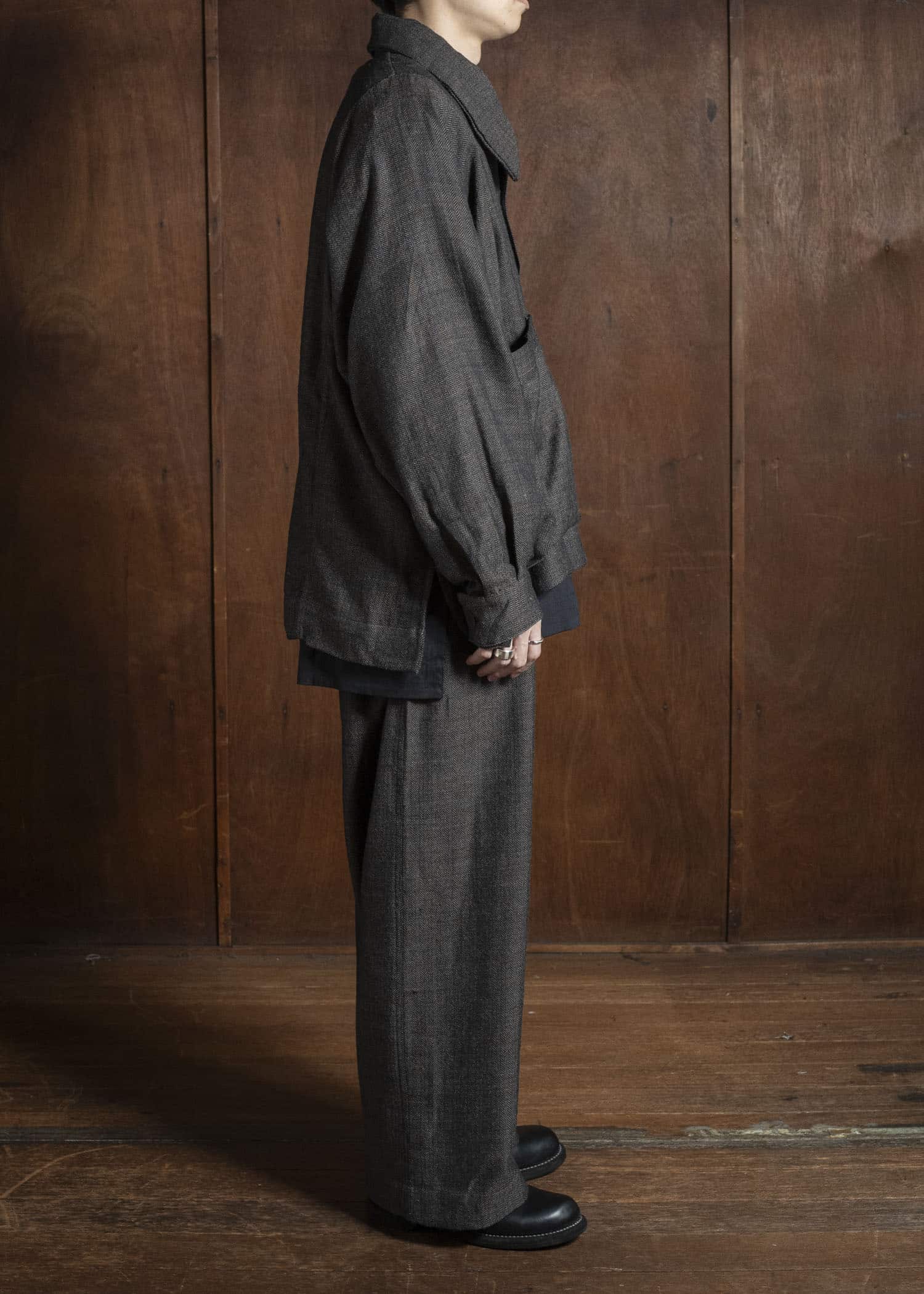 Gathering Textiles Farmer Jacket Handwoven Herrinbone Wool, Black And Gray Yarn FAJ02-HW-BK