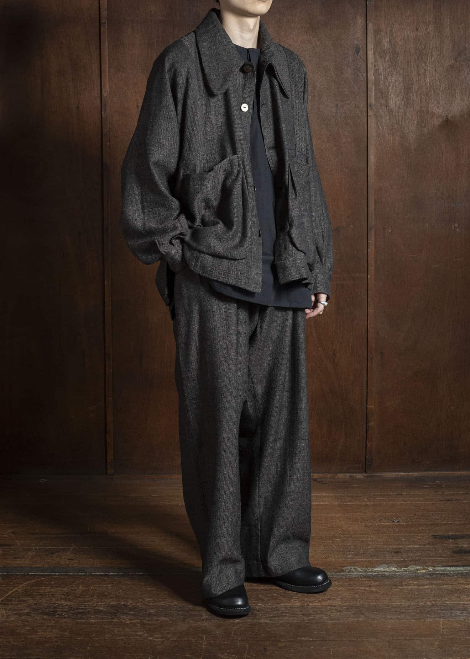 Gathering Textiles Farmer Jacket Handwoven Herrinbone Wool, Black And Gray Yarn FAJ02-HW-BK