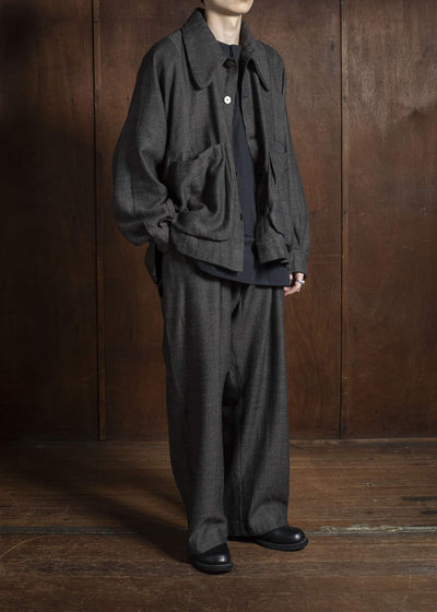 Gathering Textiles Farmer Jacket Handwoven Herrinbone Wool , Black And Grey Yarn FAJ02-HW-BK