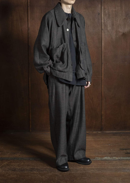 Gathering Textiles Farmer Jacket Handwoven Herrinbone Wool, Black And Gray Yarn FAJ02-HW-BK