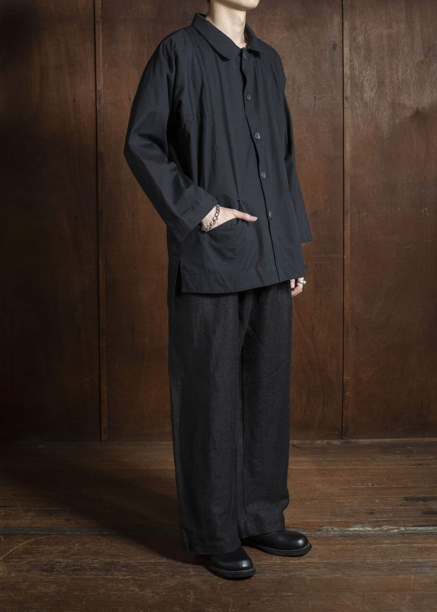 Gathering Textiles Farmer Shirt Organic Cotton Poplin , Naturally Dyed Black FAS01-CP-BK