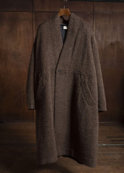 JAN-JAN VAN ESSCHE COAT#35 COAT WITH STANDING COLLAR,JET POCKETS, FULLY LINED Highpile Herringbone | Brown Alpaca