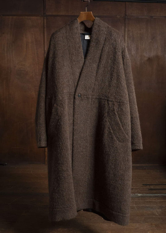 JAN-JAN VAN ESSCHE COAT#35 COAT WITH STANDING COLLAR,JET POCKETS, FULLY LINED Highpile Herringbone | Brown Alpaca