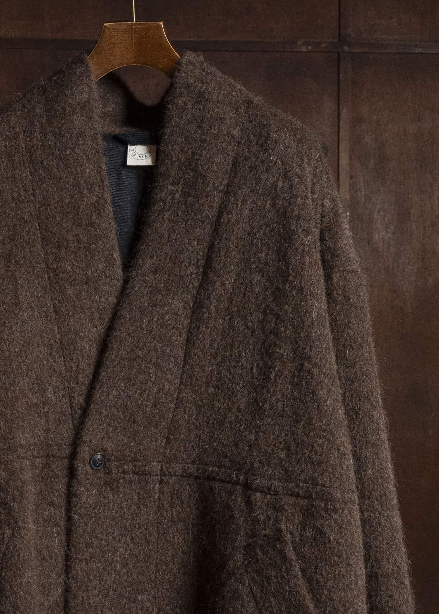 JAN-JAN VAN ESSCHE COAT#35 COAT WITH STANDING COLLAR,JET POCKETS, FULLY LINED Highpile Herringbone | Brown Alpaca