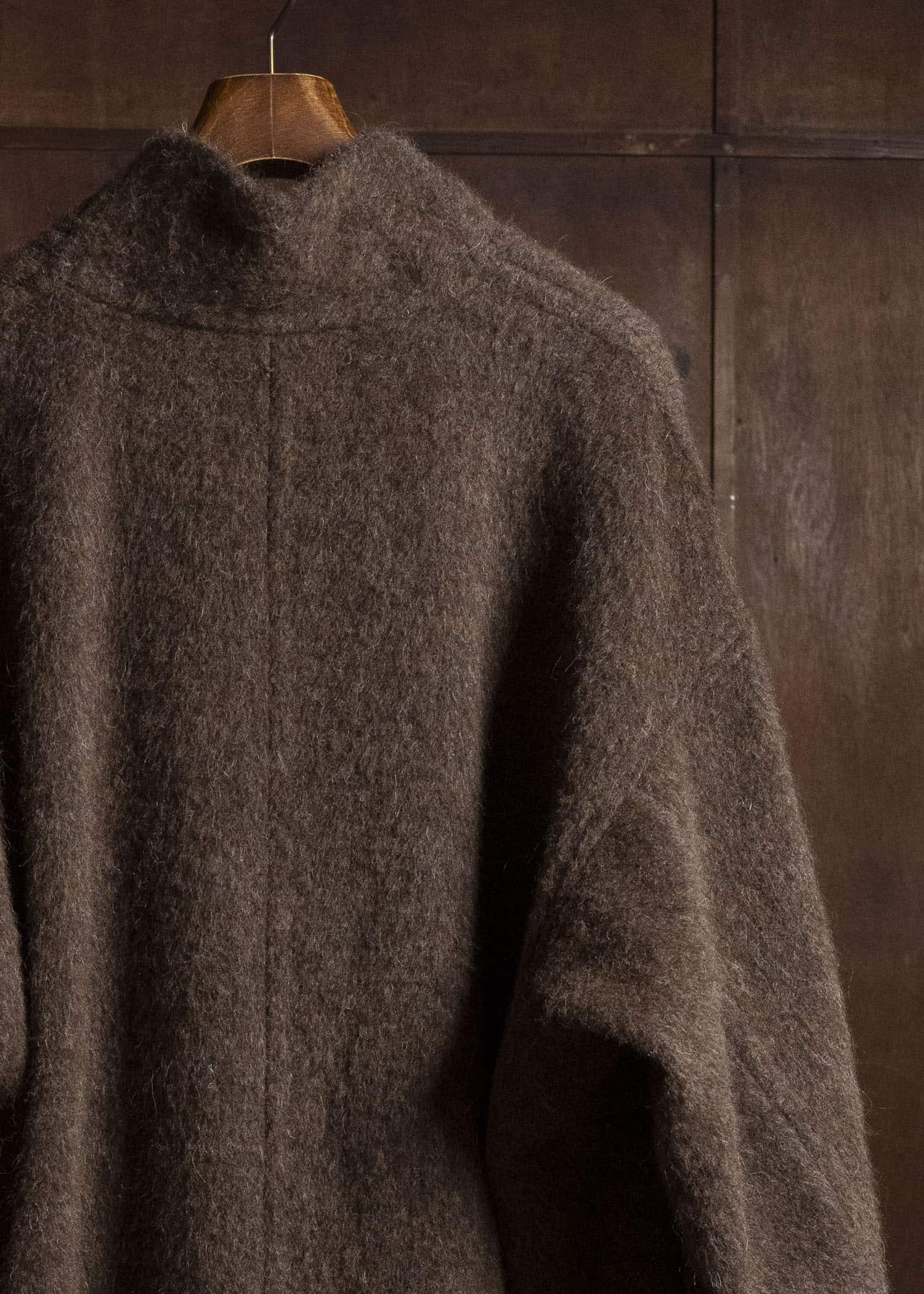 JAN-JAN VAN ESSCHE COAT#35 COAT WITH STANDING COLLAR,JET POCKETS, FULLY LINED Highpile Herringbone | Brown Alpaca
