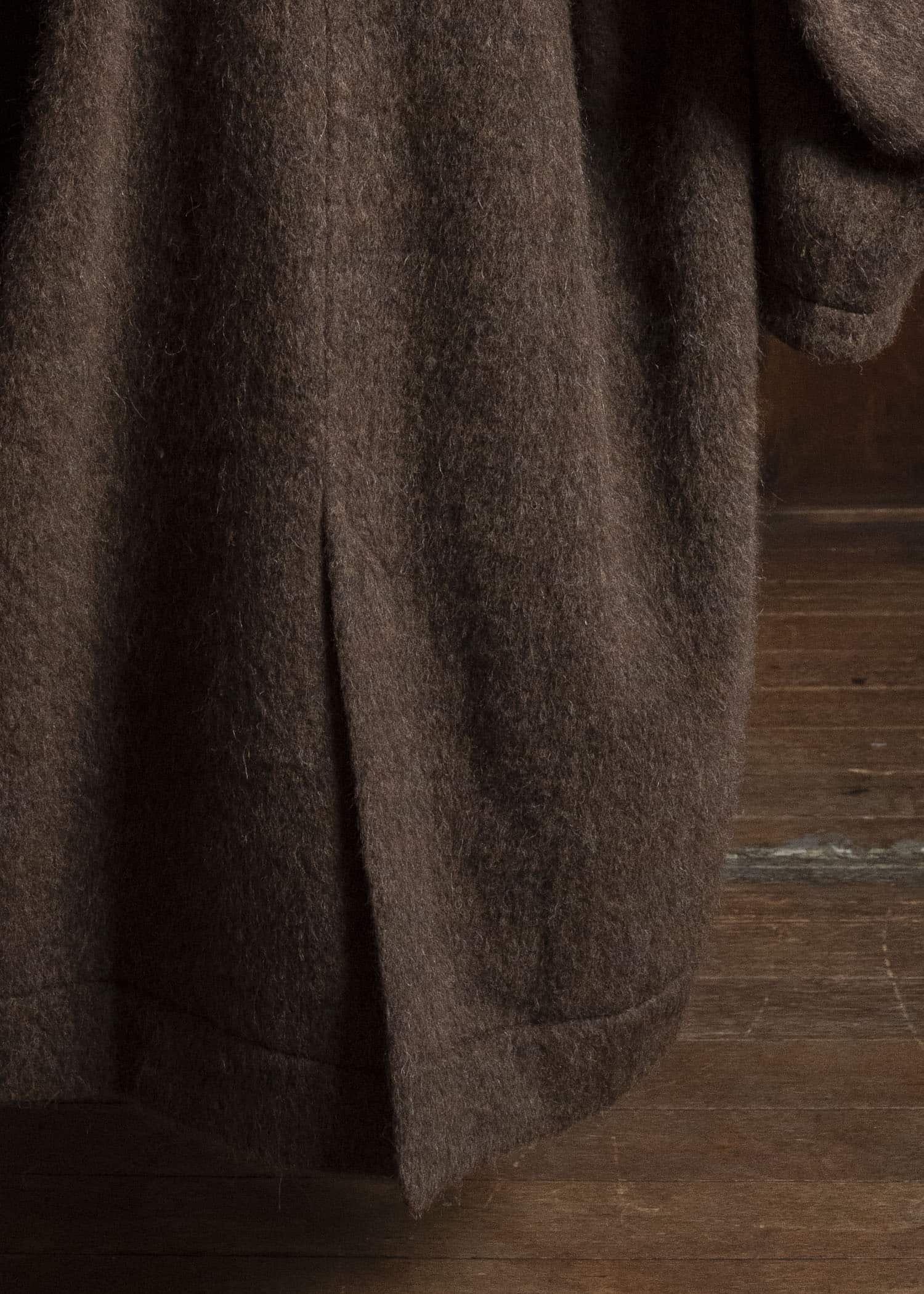 JAN-JAN VAN ESSCHE COAT#35 COAT WITH STANDING COLLAR,JET POCKETS, FULLY LINED Highpile Herringbone | Brown Alpaca