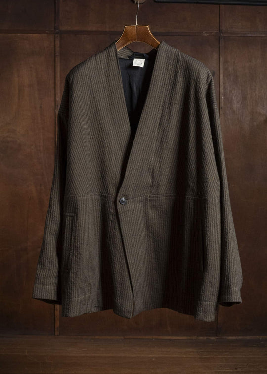 JAN-JAN VAN ESSCHE JACKET#66 OVERSIZED BLAZER WITH JET POCKET AND FULLY LINED 	Hemp Co Reed Twill | Khaki Striped
