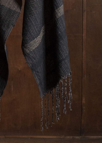 JAN-JAN VAN ESSCHE HOODED SCARF#1 HANDWOVEN HOODED SCARF WITH FRINGES Handwoven | Textured Stripe
