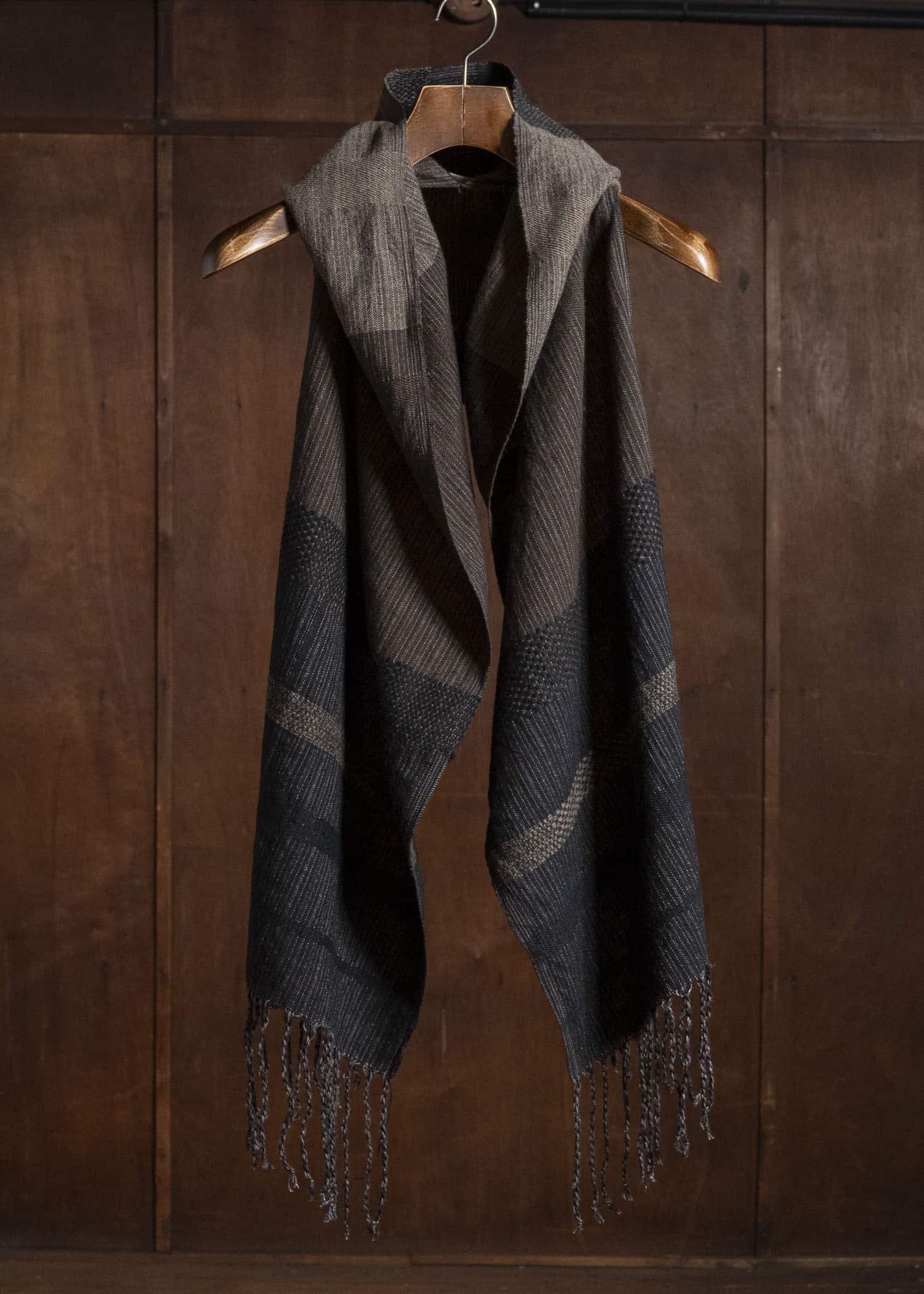 JAN-JAN VAN ESSCHE HOODED SCARF#1 HANDWOVEN HOODED SCARF WITH FRINGES Handwoven | Textured Stripe