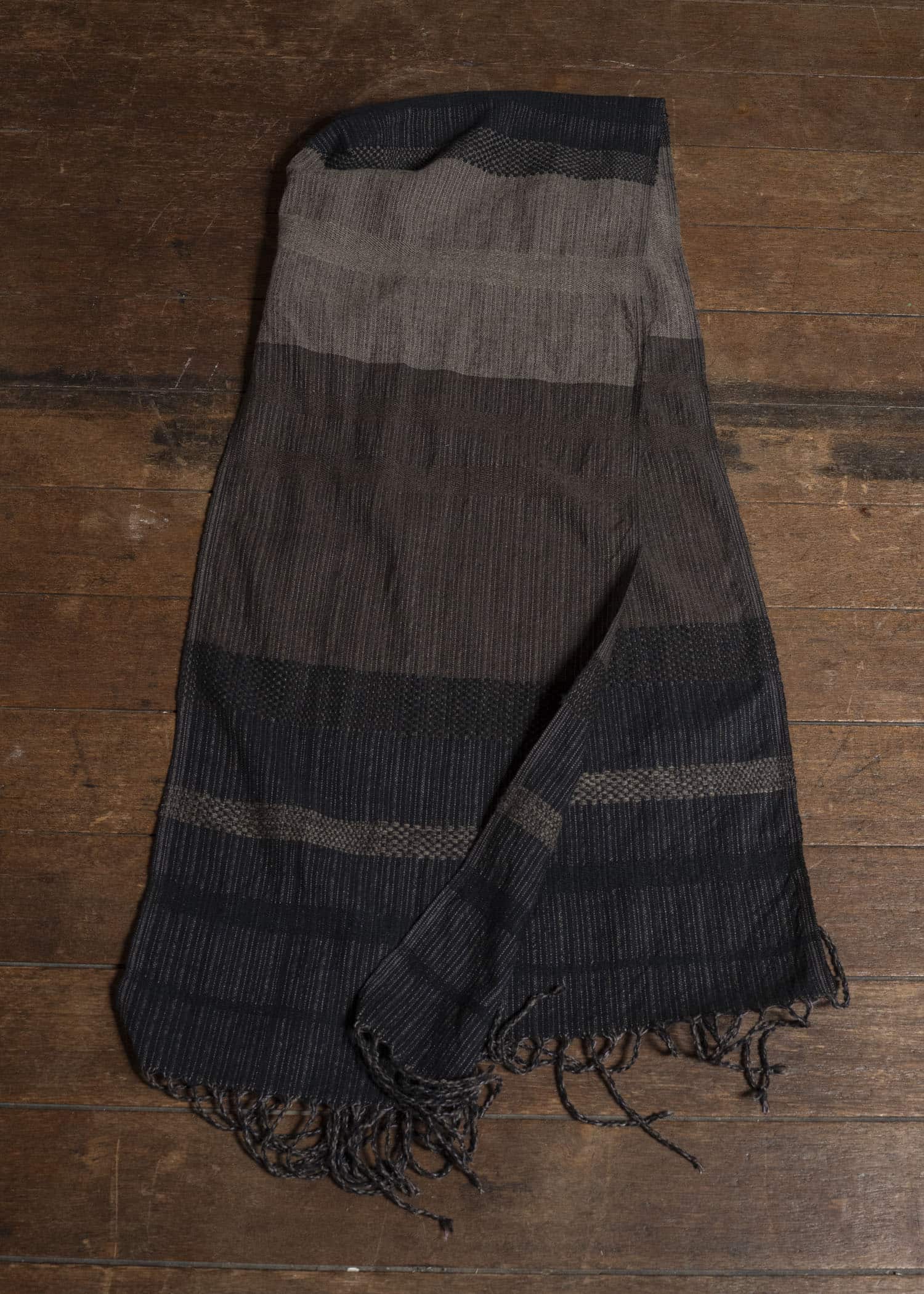 JAN-JAN VAN ESSCHE HOODED SCARF#1 HANDWOVEN HOODED SCARF WITH FRINGES Handwoven | Textured Stripe