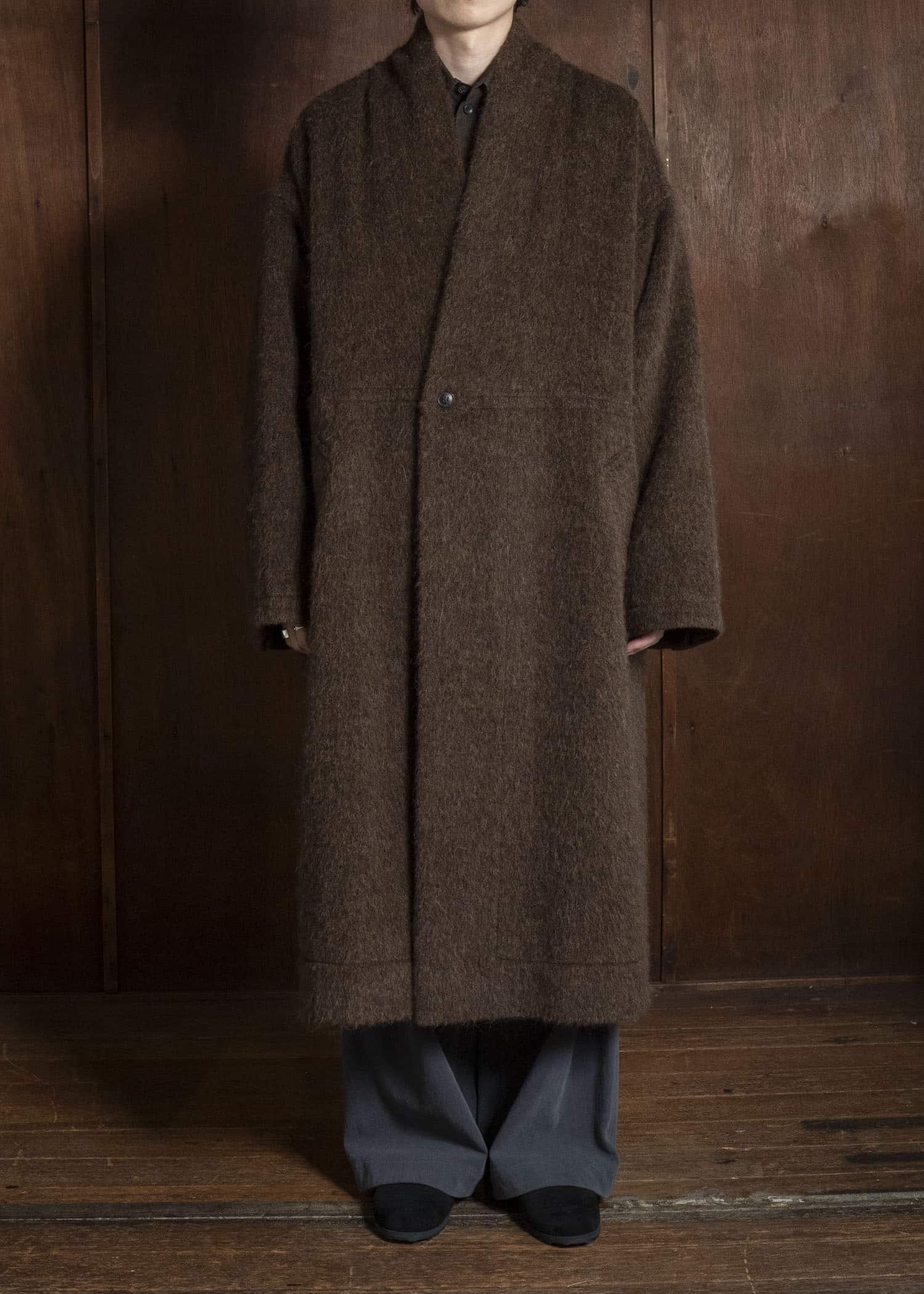 JAN-JAN VAN ESSCHE COAT#35 COAT WITH STANDING COLLAR,JET POCKETS, FULLY LINED Highpile Herringbone | Brown Alpaca