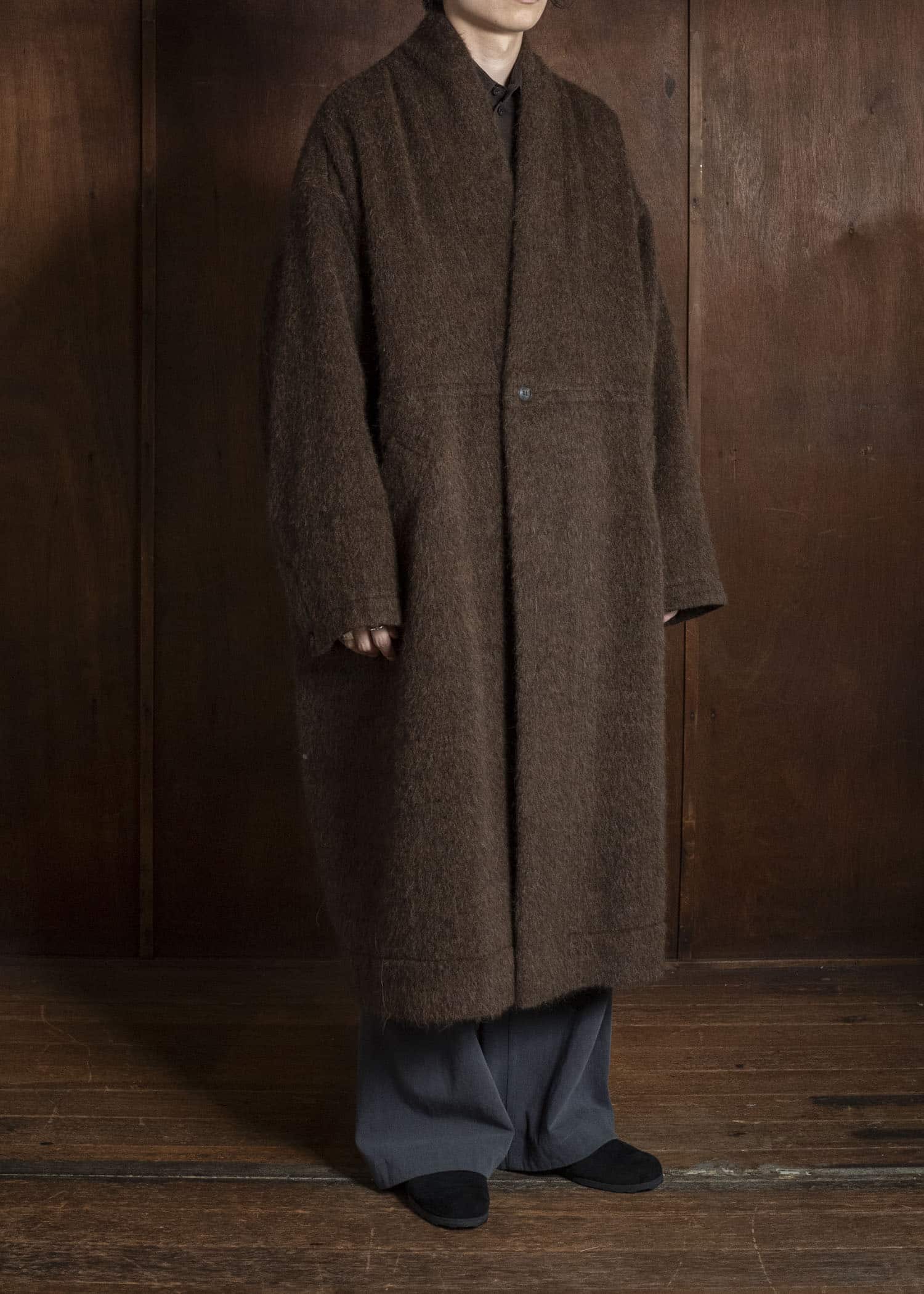 JAN-JAN VAN ESSCHE COAT#35 COAT WITH STANDING COLLAR,JET POCKETS, FULLY LINED Highpile Herringbone | Brown Alpaca