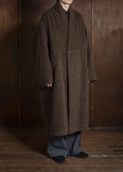 JAN-JAN VAN ESSCHE COAT#35 COAT WITH STANDING COLLAR,JET POCKETS, FULLY LINED Highpile Herringbone | Brown Alpaca