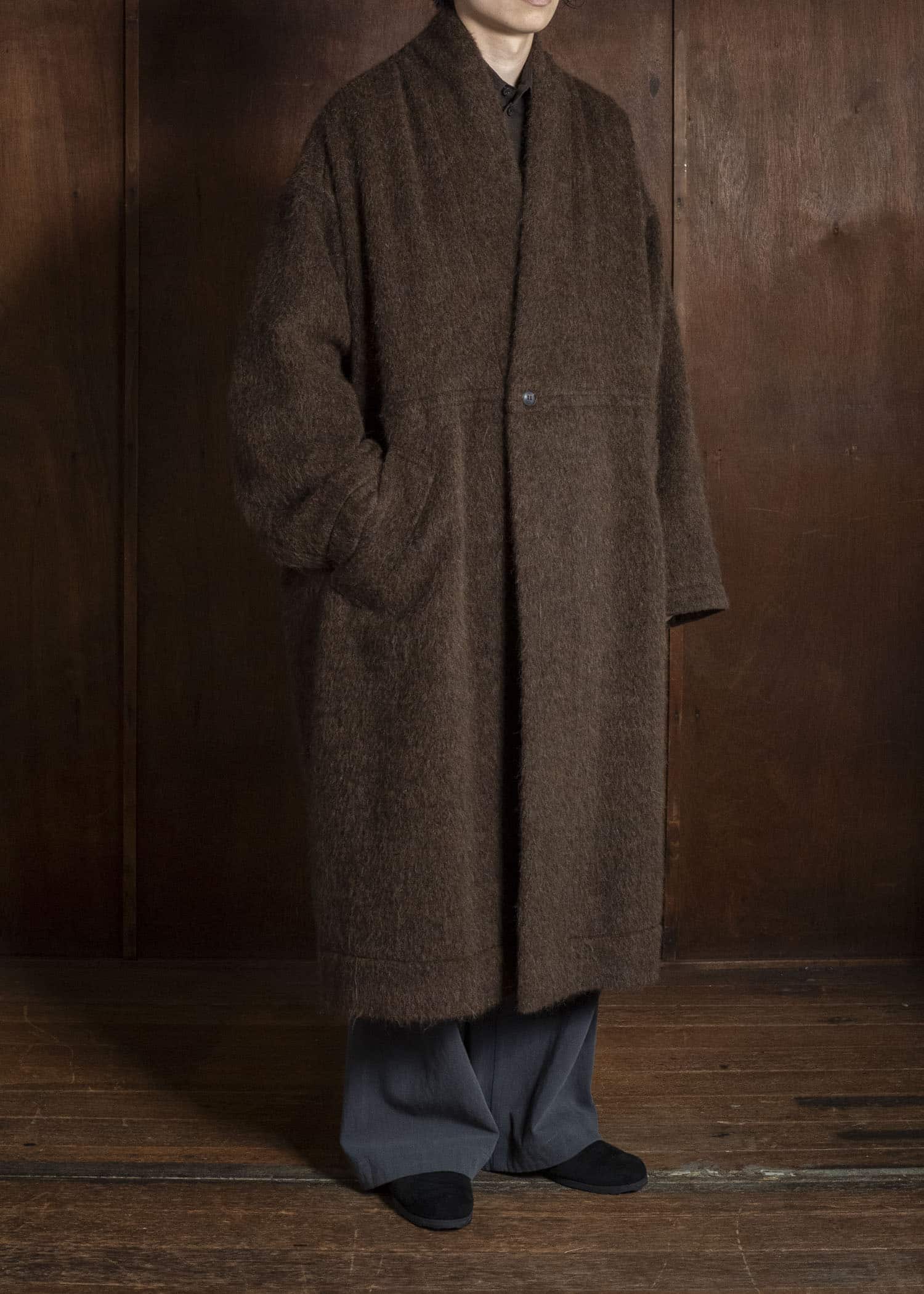 JAN-JAN VAN ESSCHE COAT#35 COAT WITH STANDING COLLAR,JET POCKETS, FULLY LINED Highpile Herringbone | Brown Alpaca