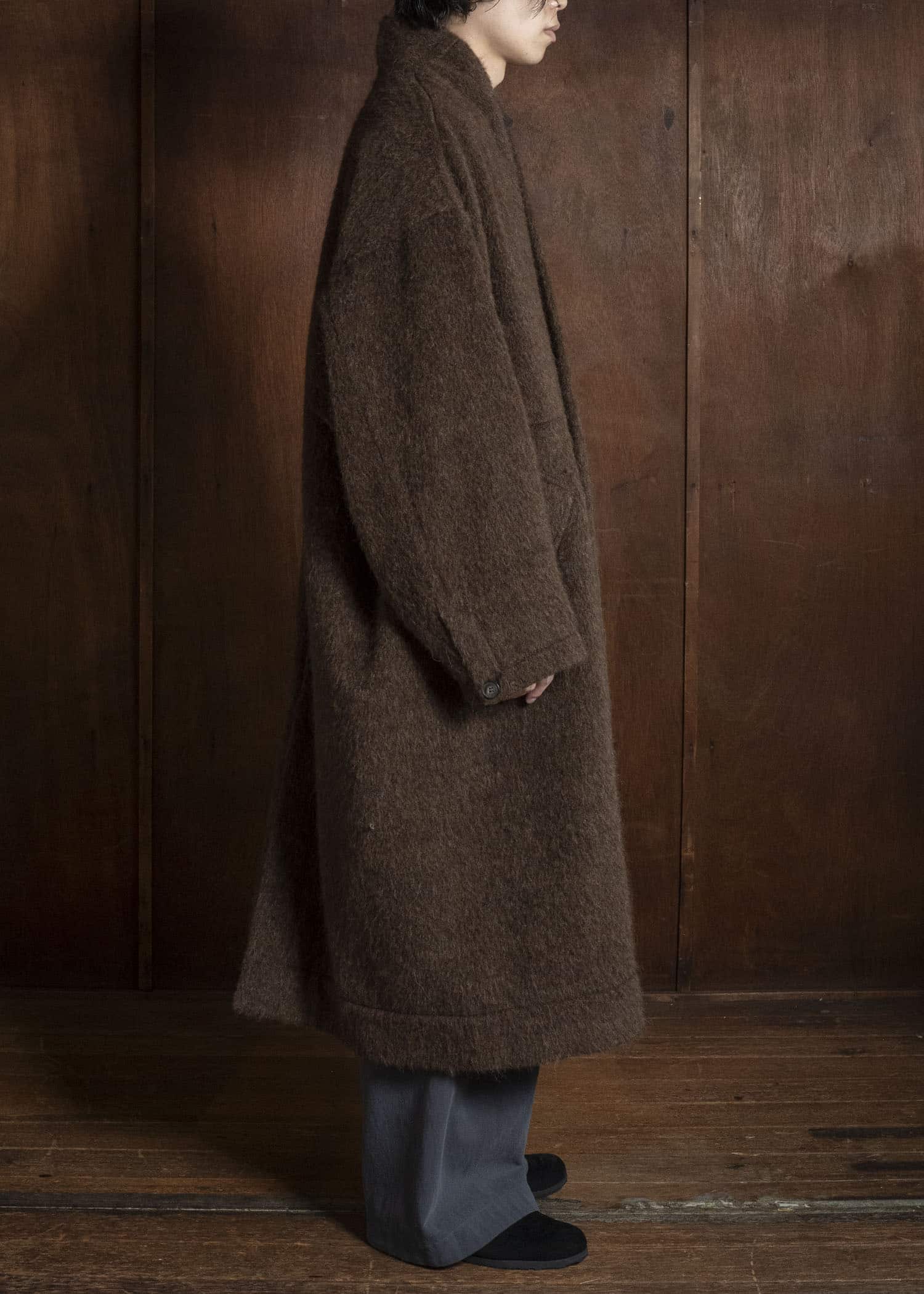 JAN-JAN VAN ESSCHE COAT#35 COAT WITH STANDING COLLAR,JET POCKETS, FULLY LINED Highpile Herringbone | Brown Alpaca