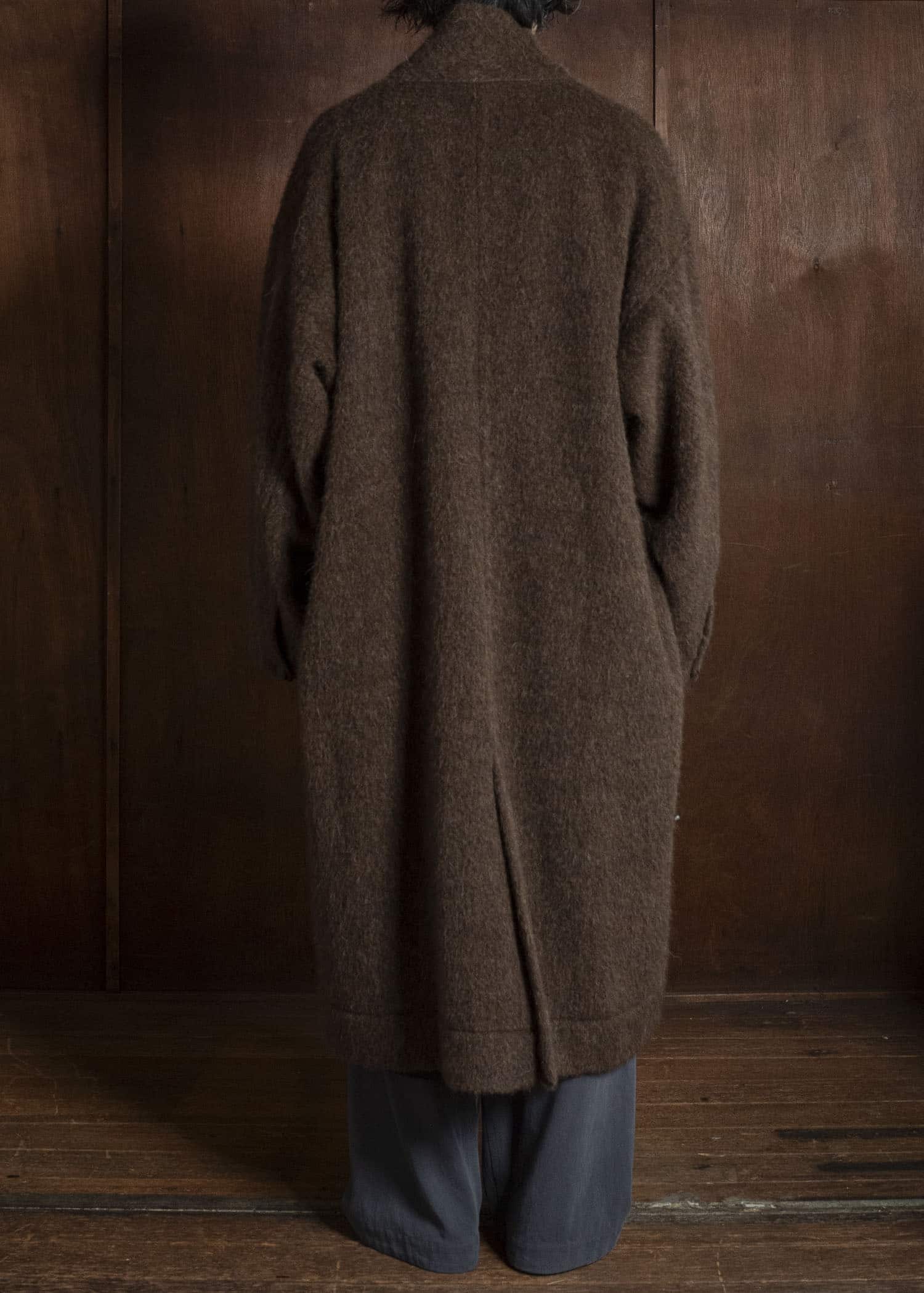 JAN-JAN VAN ESSCHE COAT#35 COAT WITH STANDING COLLAR,JET POCKETS, FULLY LINED Highpile Herringbone | Brown Alpaca