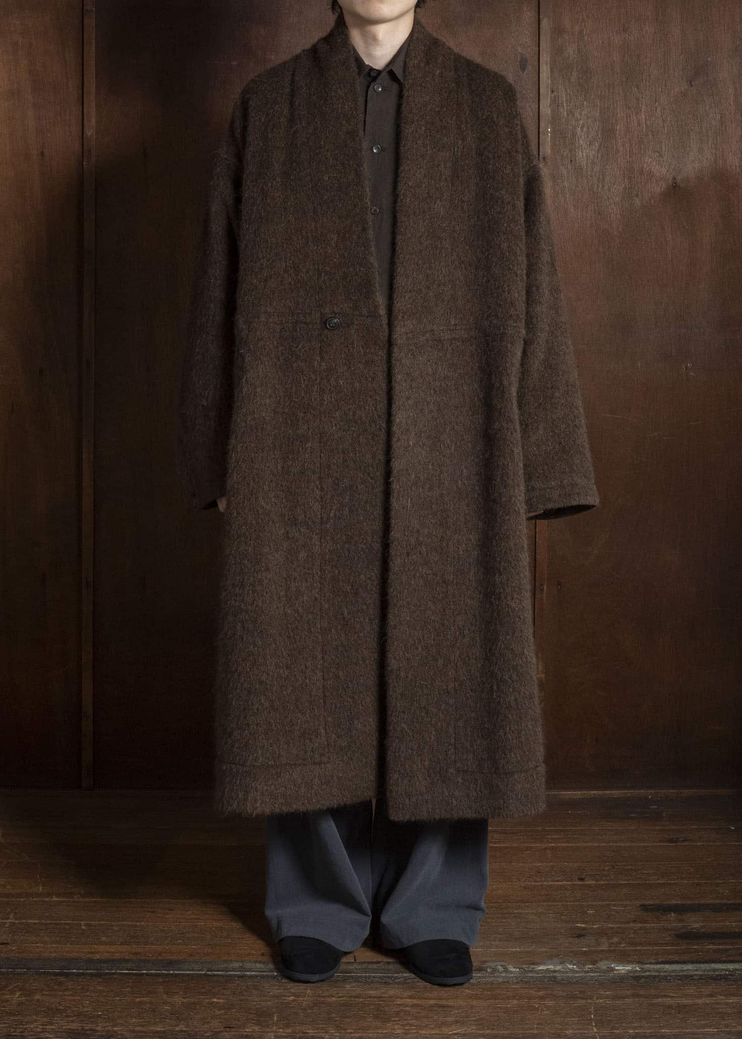 JAN-JAN VAN ESSCHE COAT#35 COAT WITH STANDING COLLAR,JET POCKETS, FULLY LINED Highpile Herringbone | Brown Alpaca