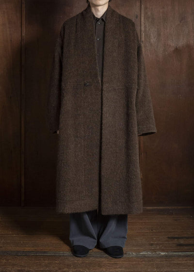 JAN-JAN VAN ESSCHE COAT#35 COAT WITH STANDING COLLAR,JET POCKETS, FULLY LINED Highpile Herringbone | Brown Alpaca