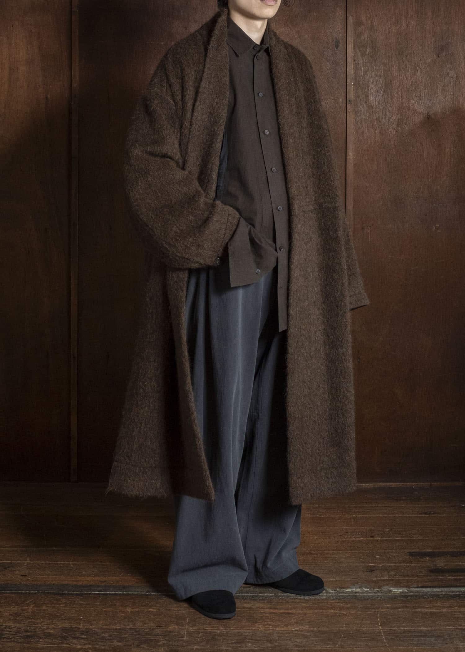 JAN-JAN VAN ESSCHE COAT#35 COAT WITH STANDING COLLAR,JET POCKETS, FULLY LINED Highpile Herringbone | Brown Alpaca