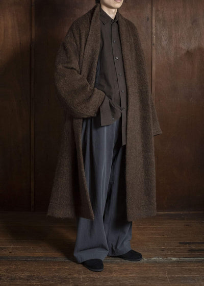 JAN-JAN VAN ESSCHE COAT#35 COAT WITH STANDING COLLAR,JET POCKETS, FULLY LINED Highpile Herringbone | Brown Alpaca