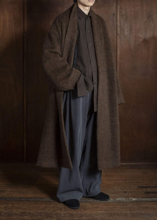 JAN-JAN VAN ESSCHE COAT#35 COAT WITH STANDING COLLAR,JET POCKETS, FULLY LINED Highpile Herringbone | Brown Alpaca