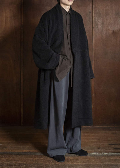 JAN-JAN VAN ESSCHE COAT#35 COAT WITH STANDING COLLAR,JET POCKETS, FULLY LINED Highpile Herringbone | Black Alpaca