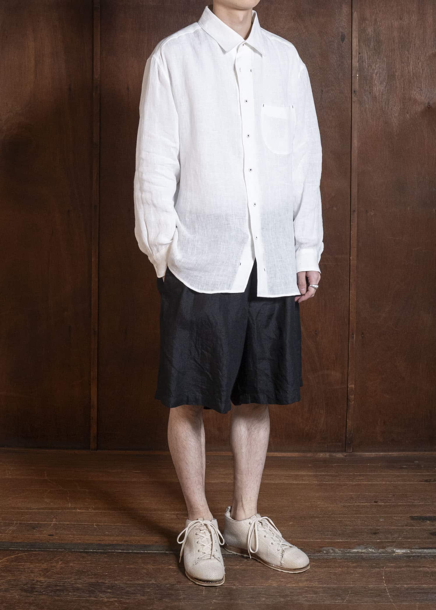 Gorsch #141ST-SH02-FLI French Linen Wide Silhouette Collar Shirt Off White