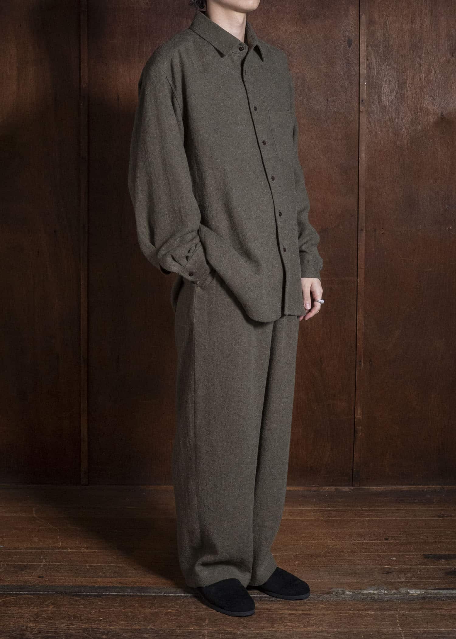 Gorsch #14 2ND-SH03 Brushed Linen Wool Collar Wide Shirt Khaki