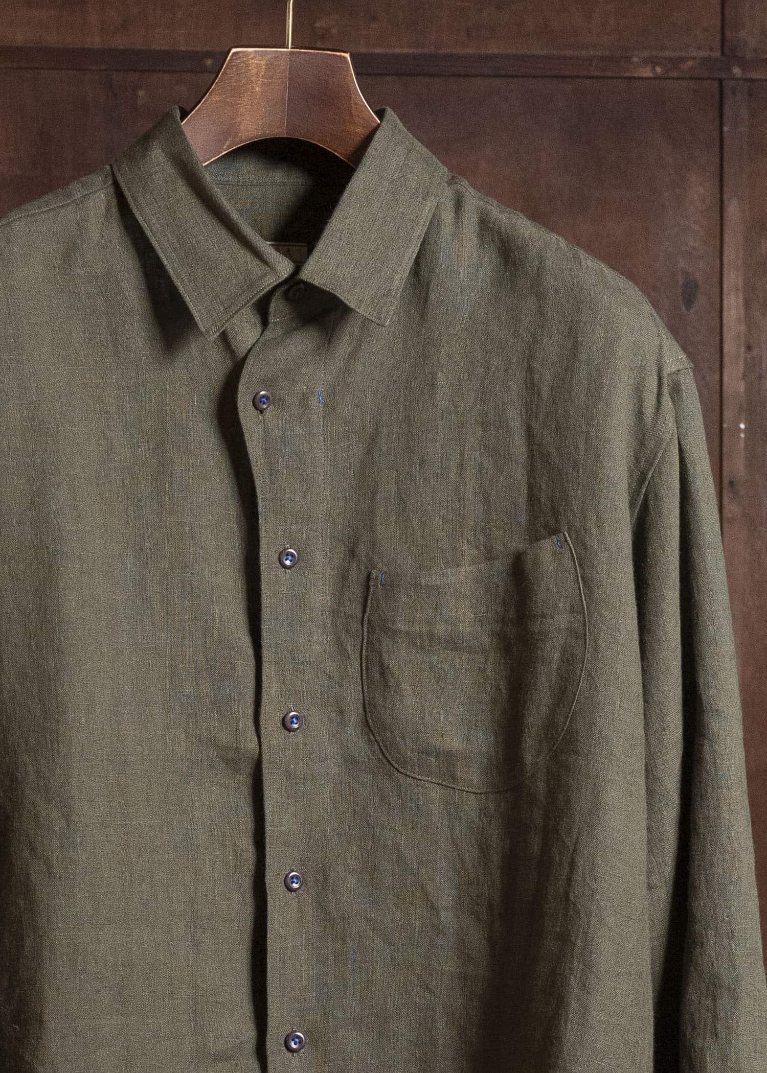 Gorsch #141ST-SH03-FLI French Linen Wide Silhouette Collar Shirt Khaki Green