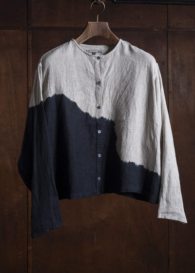 SUZUSAN 4070L-337 Linen Long Sleeve Collarless Blouse 1008 Black - Grge