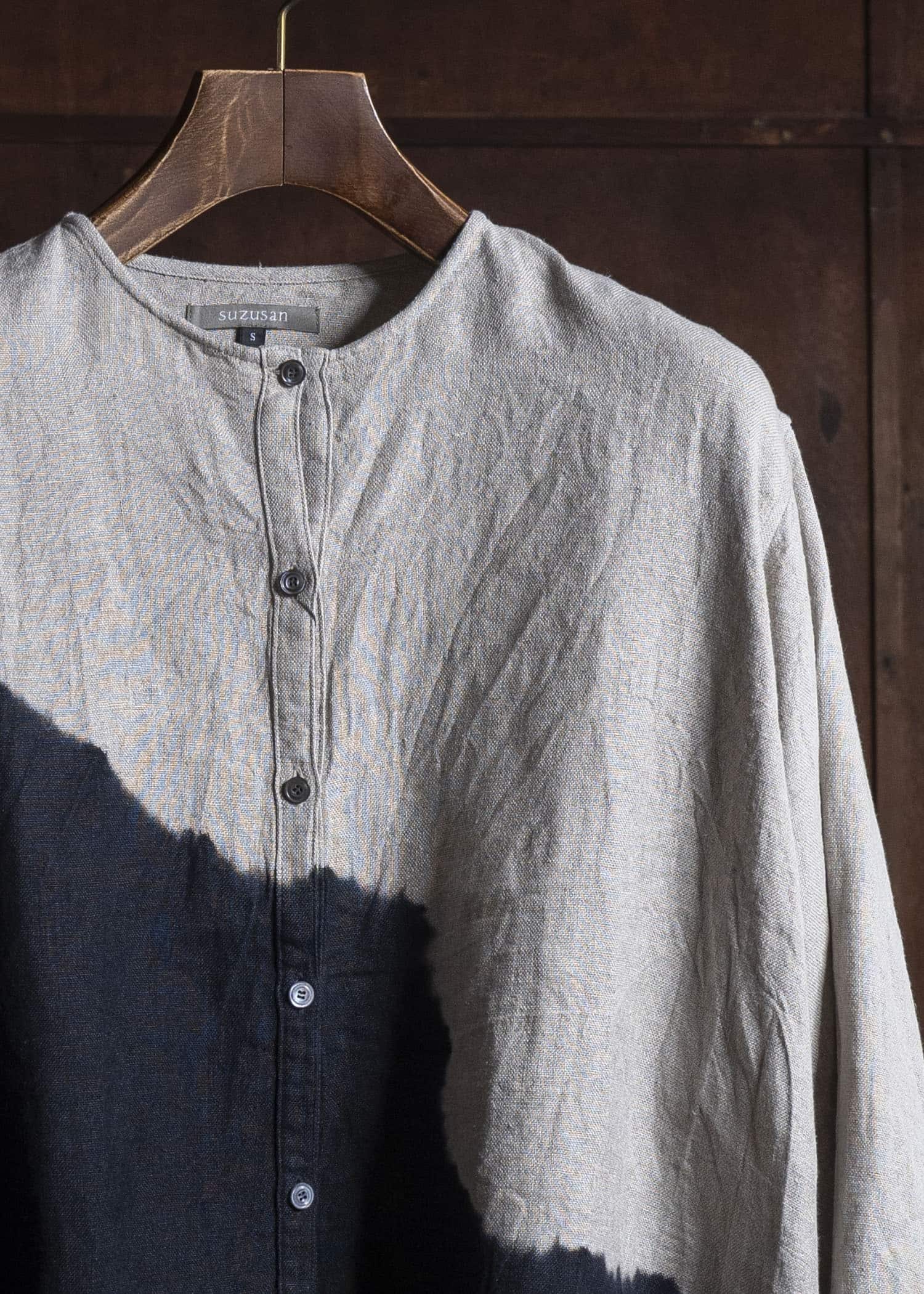 SUZUSAN 4070L-337 Linen Long Sleeve Collarless Blouse 1008 Black - Grége