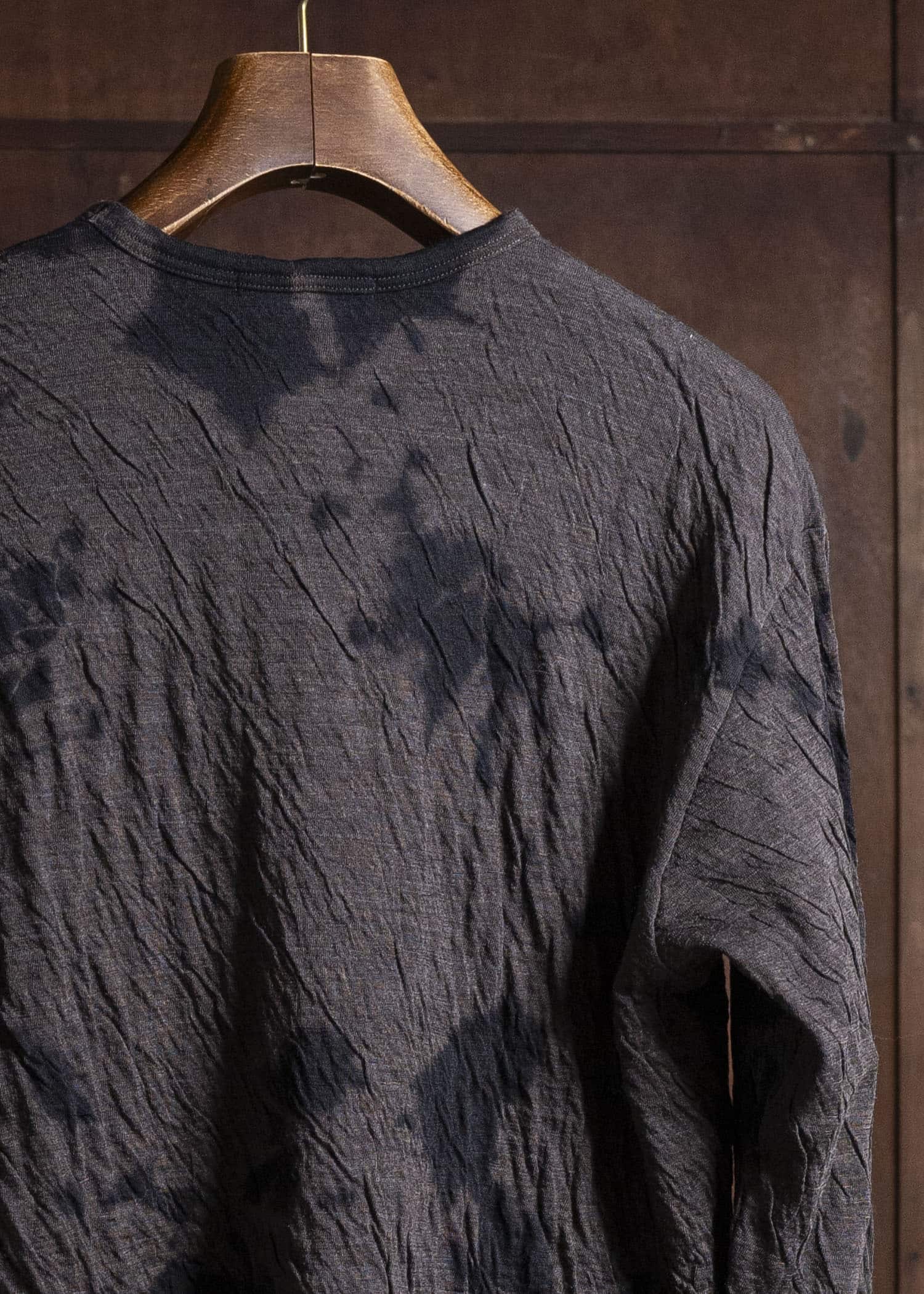 SUZUSAN 2075WC-010 Dual Layered Wool Cotton Jersey Long Sleeve T-Shirt / Madara Shibori 1069 Black-Raw Umber