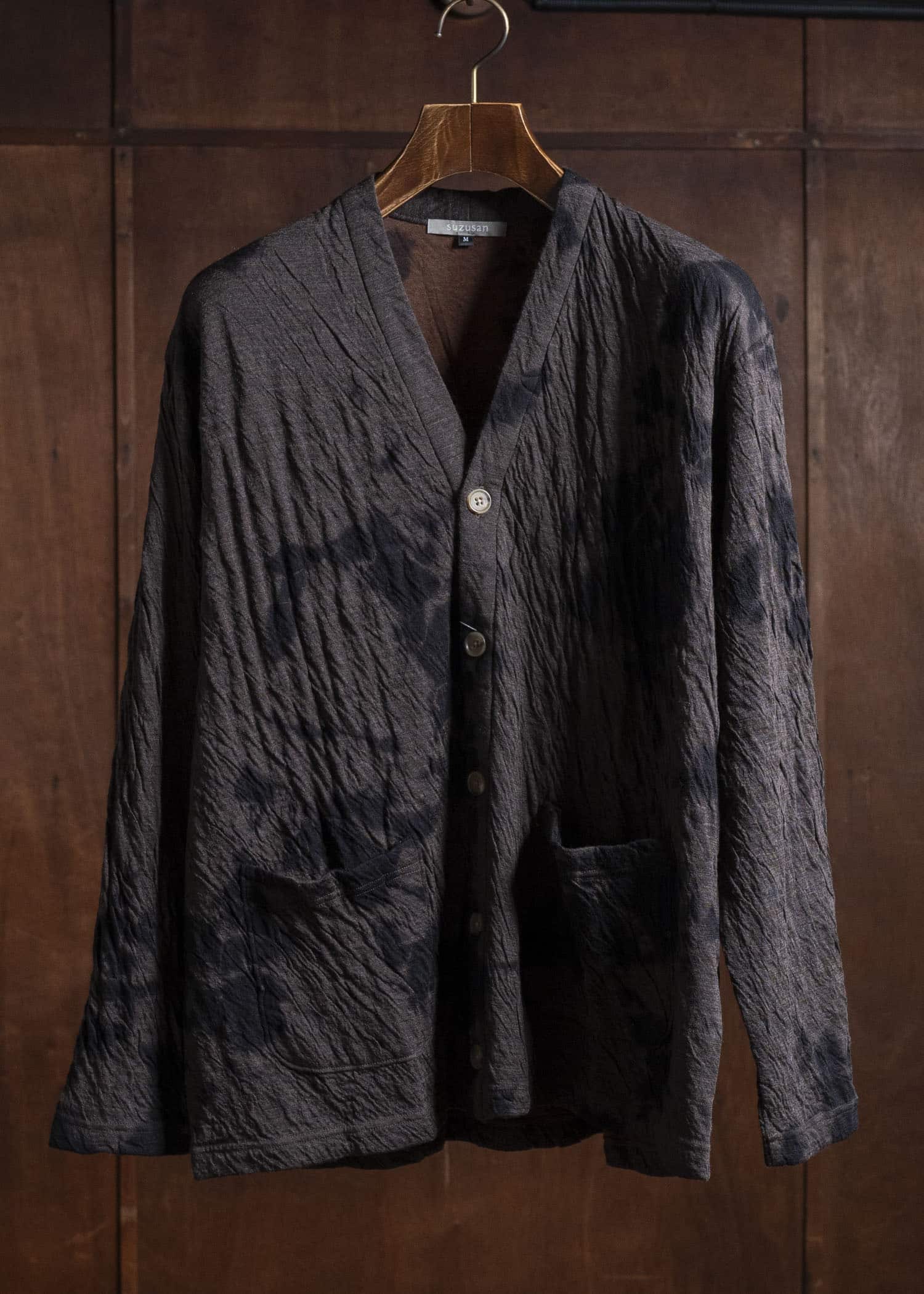 SUZUSAN 2076WC-010 Dual Layered Wool Cotton Jersey Cardigan 1069 Black-Raw Umber