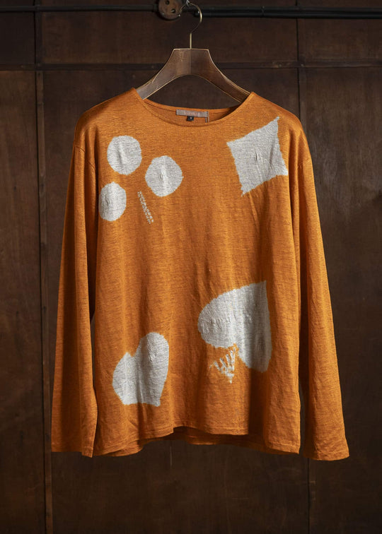 SUZUSAN 2057L-908 Linen Jersey Long Sleeve Crew Neck Pullover Boushi Somewake Shibori Burnt Orange / Grége
