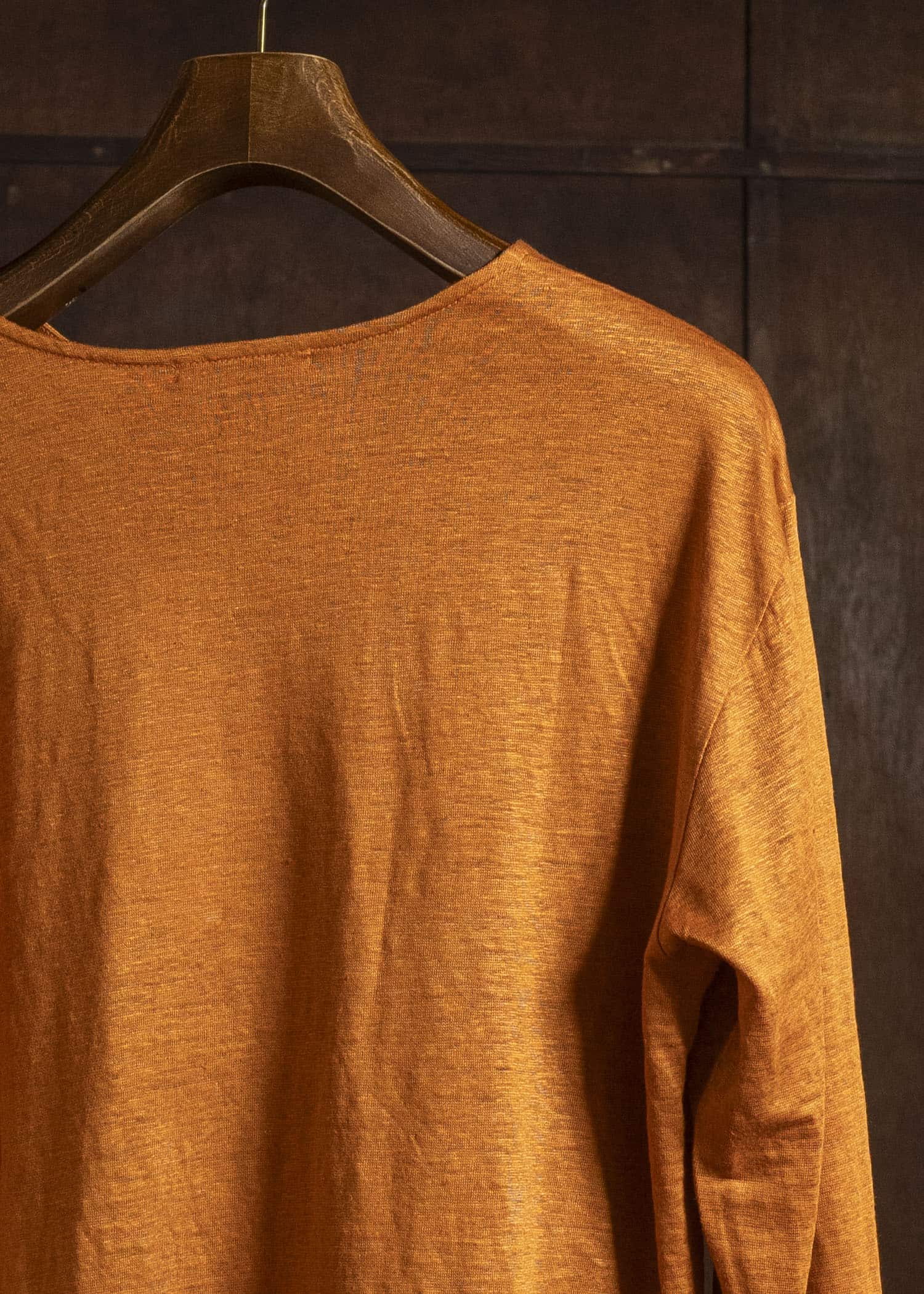 SUZUSAN 2057L-908 Linen Jersey Long Sleeve Crew Neck Pullover Boushi Somewake Shibori Burnt Orange / Grége