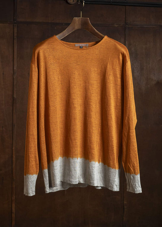 SUZUSAN 2057L-330 Linen Jersey Long Sleeve Crew Neck Pullover Boushi Somewake Shibori Burnt Orange / Grége