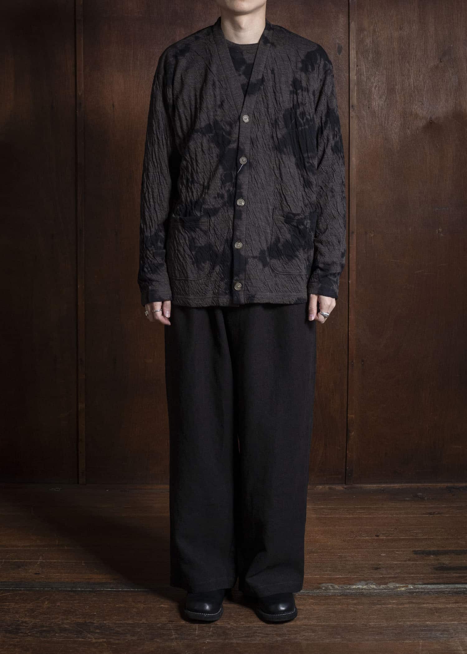 SUZUSAN 2076WC-010 Dual Layered Wool Cotton Jersey Cardigan 1069 Black-Raw Umber