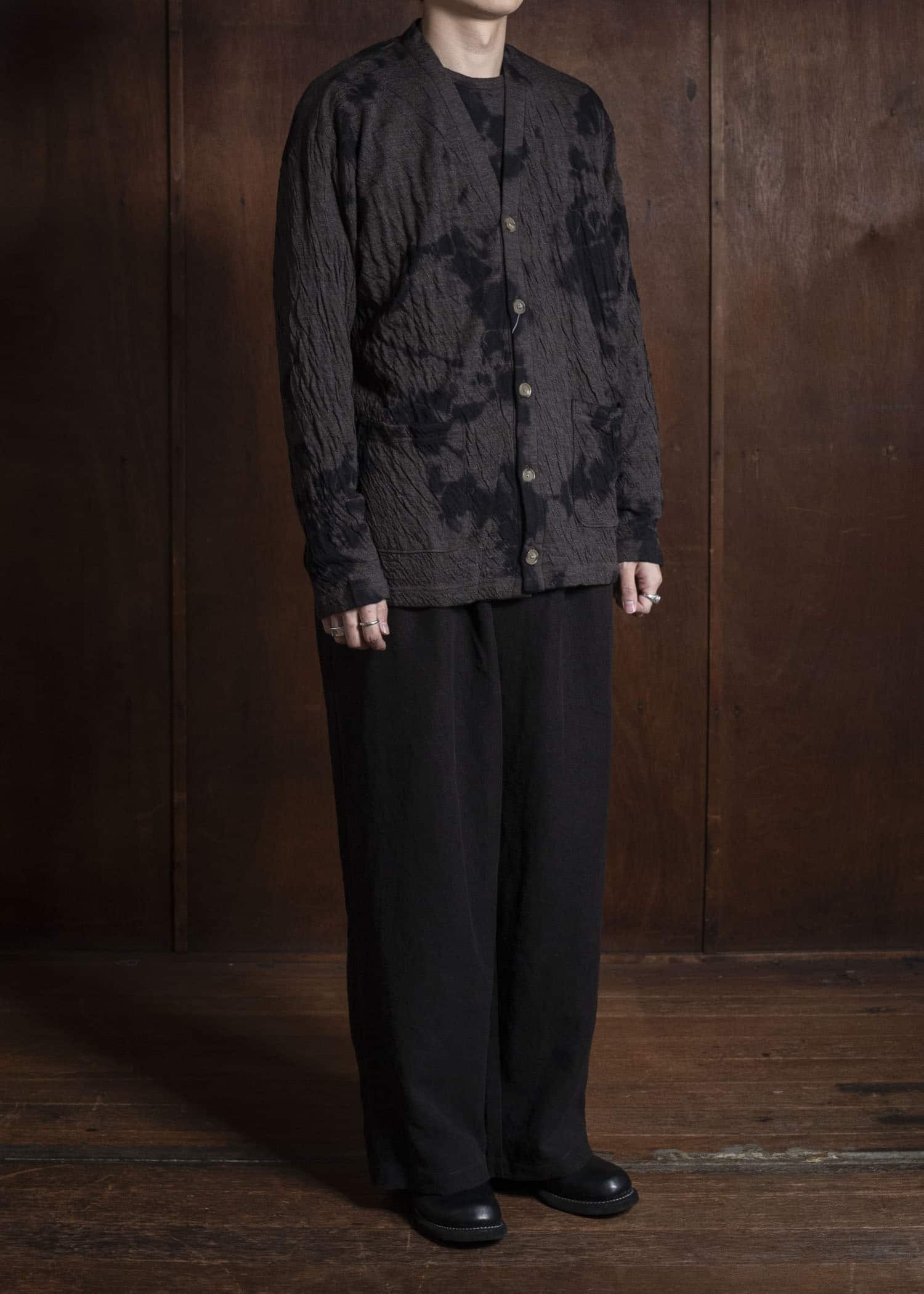 SUZUSAN 2076WC-010 Dual Layered Wool Cotton Jersey Cardigan 1069 Black-Raw Umber