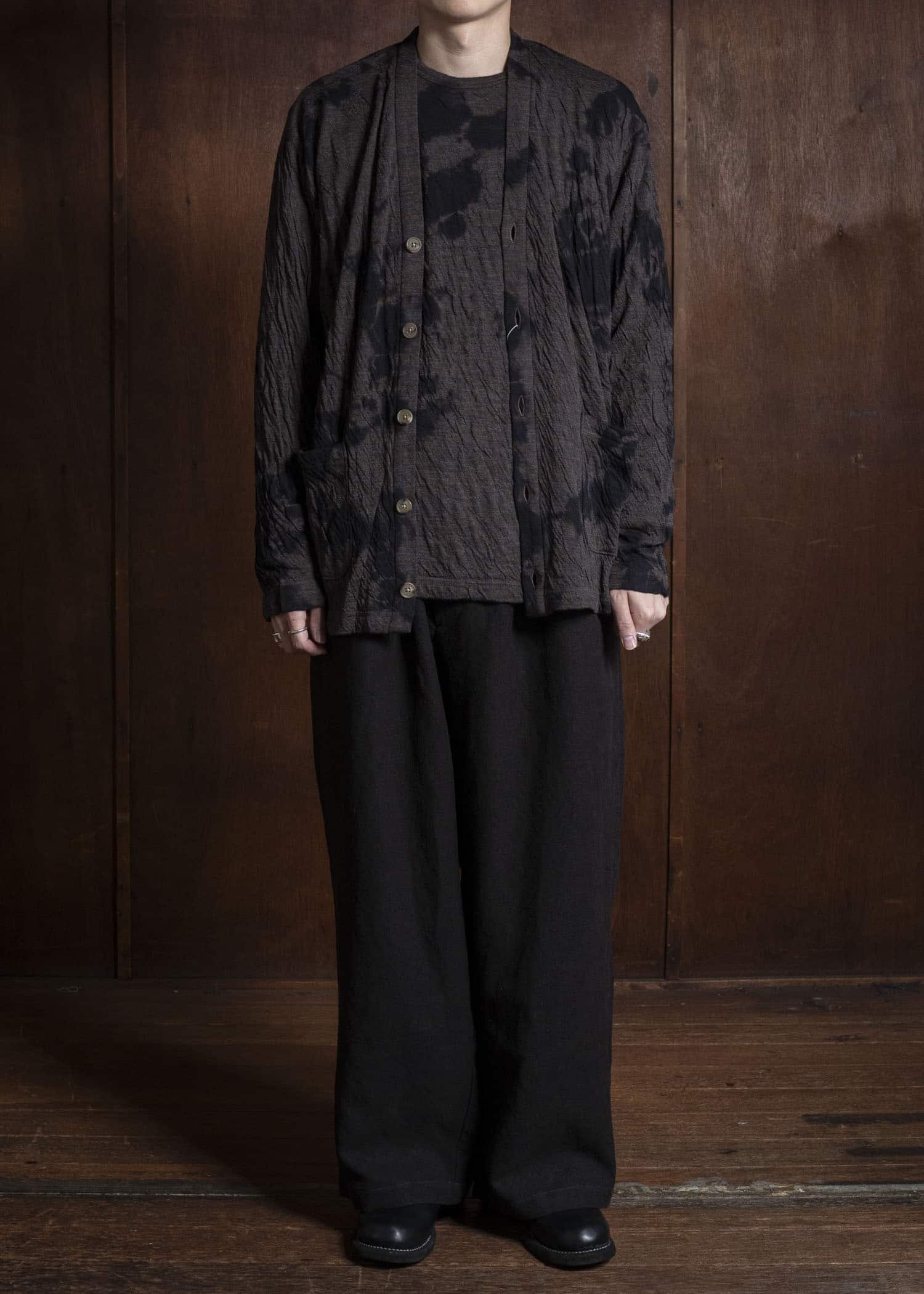 SUZUSAN 2076WC-010 Dual Layered Wool Cotton Jersey Cardigan 1069 Black-Raw Umber