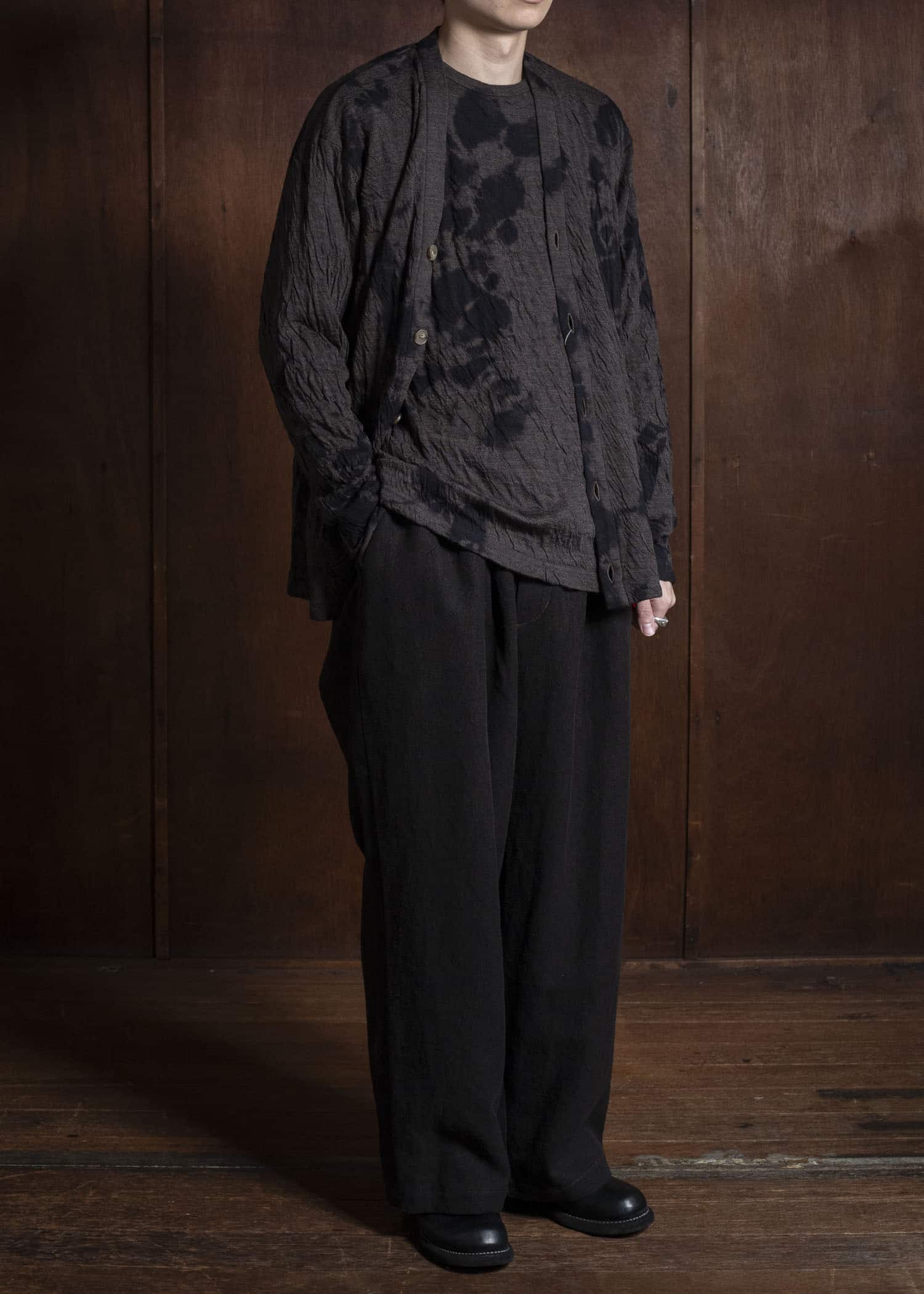 SUZUSAN 2076WC-010 Dual Layered Wool Cotton Jersey Cardigan 1069 Black-Raw Umber