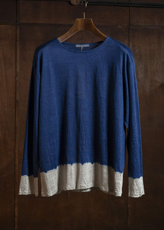 SUZUSAN 2057L-330 Linen Jersey Long Sleeve Crew Neck Pullover Boushi Somewake Shibori Dark Navy / Grége