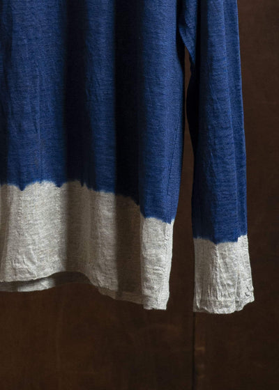 SUZUSAN 2057L-330 Linen Jersey Long Sleeve Crew Neck Pullover Boushi Somewake Shibori Dark Navy / Grége