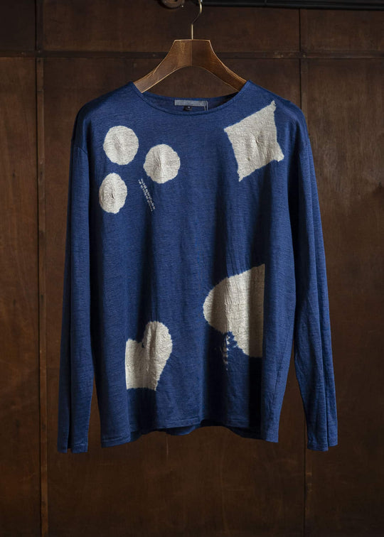 SUZUSAN 2057L-908 Linen Jersey Long Sleeve Crew Neck Pullover Boushi Somewake Shibori Dark Navy / Grége