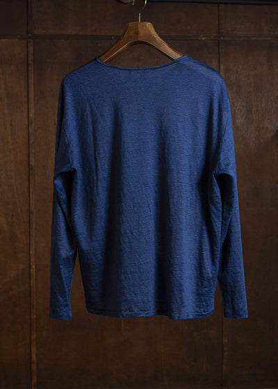 SUZUSAN 2057L-908 Linen Jersey Long Sleeve Crew Neck Pullover Boushi Somewake Shibori Dark Navy / Grége