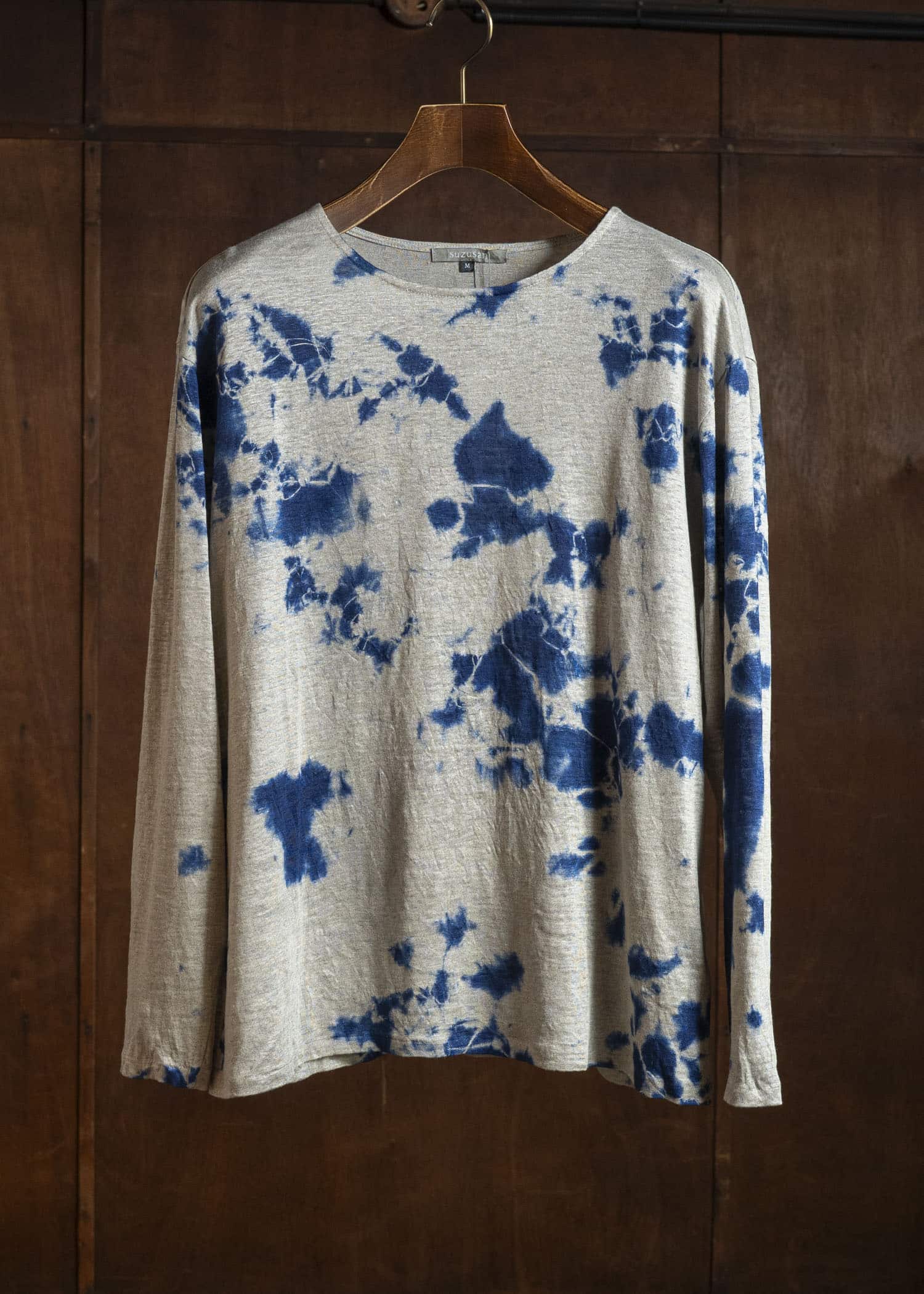 SUZUSAN 2057L-010 Linen Jersey Long Sleeve Crew Neck Pullover Madara Shibori Dark Navy / Grége