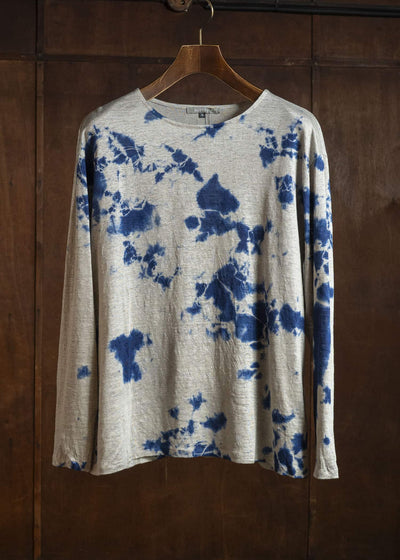 SUZUSAN 2057L-010 Linen Jersey Long Sleeve Crew Neck Pullover Madara Shibori Dark Navy / Grége