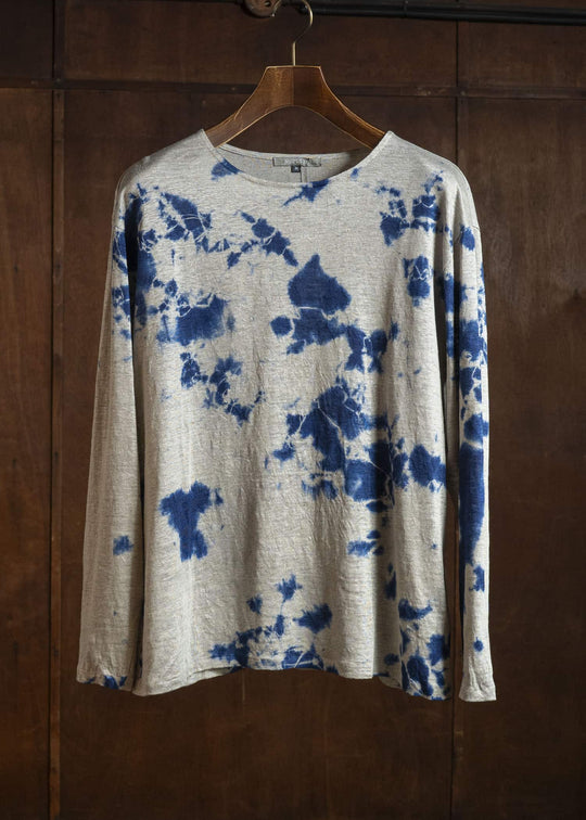 SUZUSAN 2057L-010 Linen Jersey Long Sleeve Crew Neck Pullover Madara Shibori Dark Navy / Grége