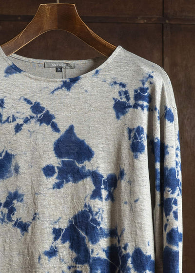 SUZUSAN 2057L-010 Linen Jersey Long Sleeve Crew Neck Pullover Madara Shibori Dark Navy / Grége