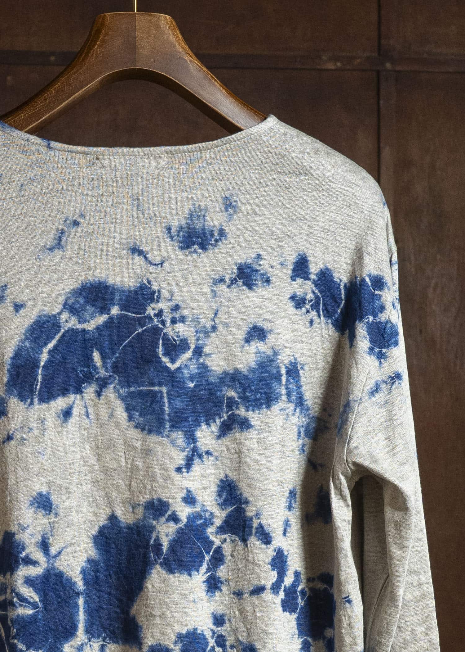 SUZUSAN 2057L-010 Linen Jersey Long Sleeve Crew Neck Pullover Madara Shibori Dark Navy / Grége